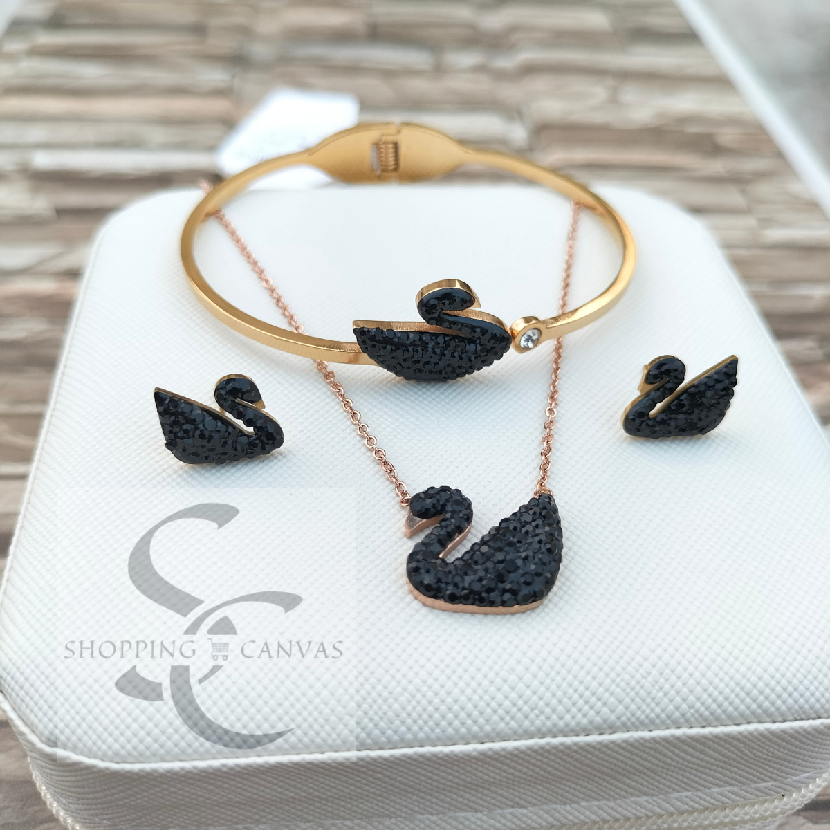Swarovski Swan Duck Necklace, Steel Bracelet with matching stud earrings
