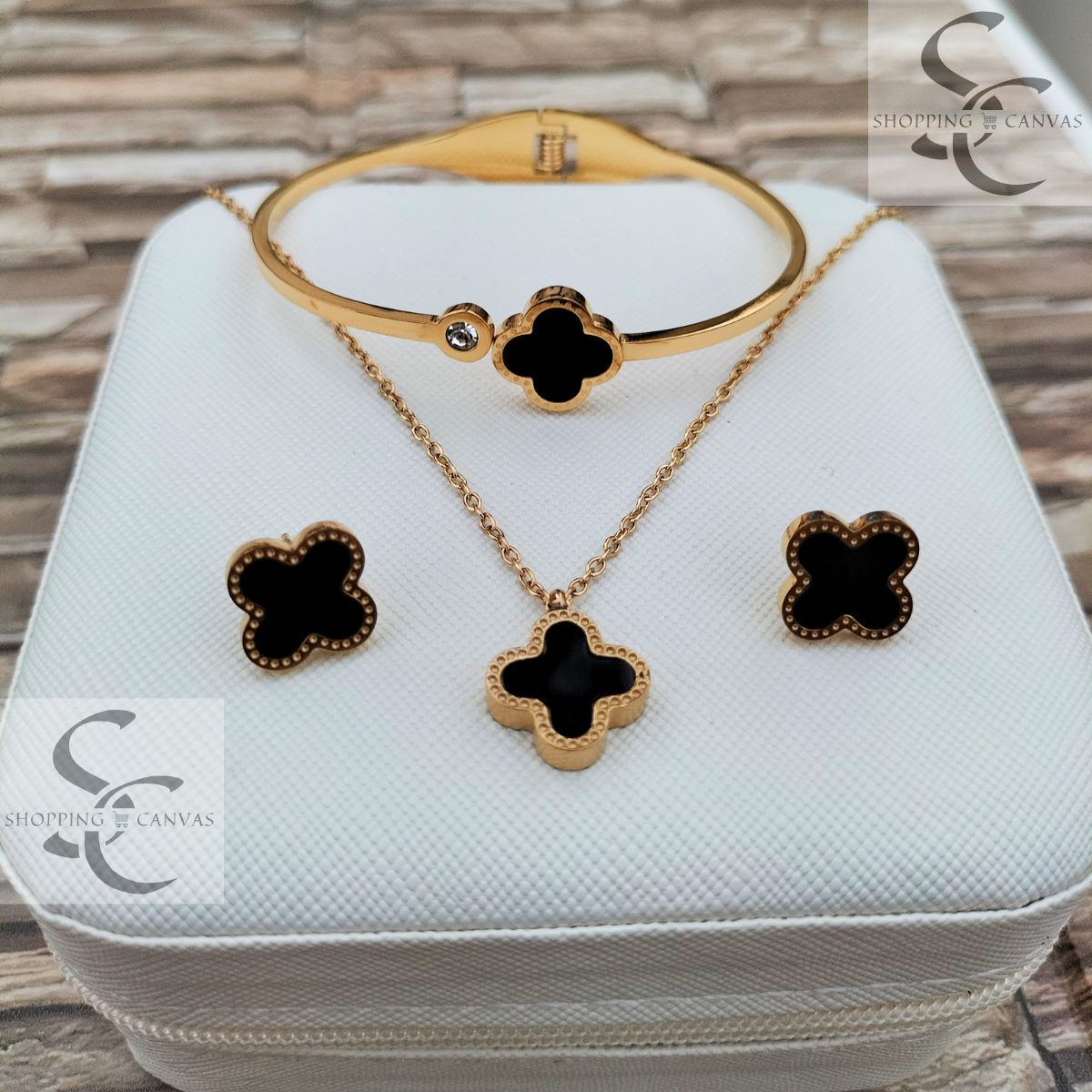 Van Cleef Clover Necklace, Steel Bracelet with matching stud earrings