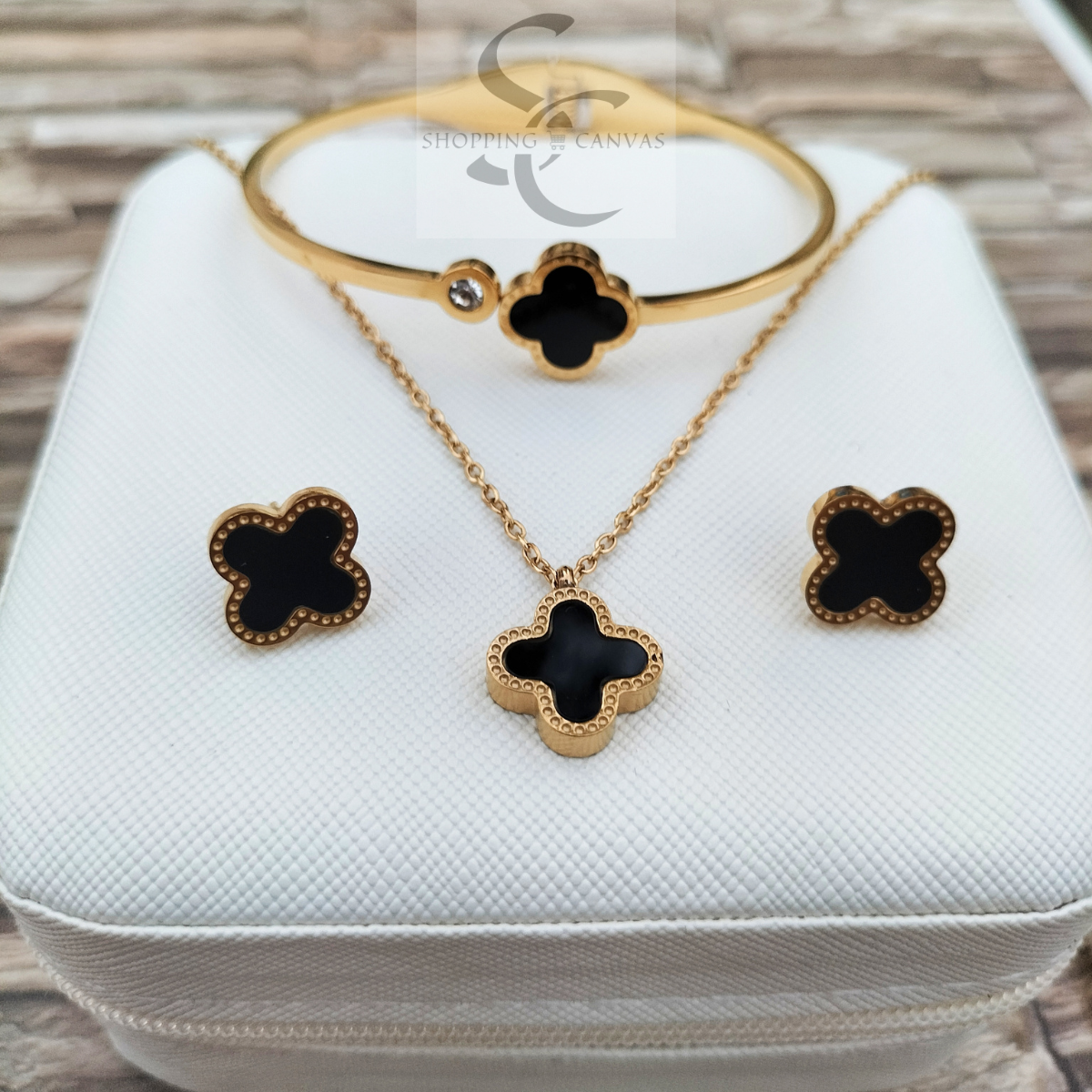 Van Cleef Clover Necklace, Steel Bracelet with matching stud earrings