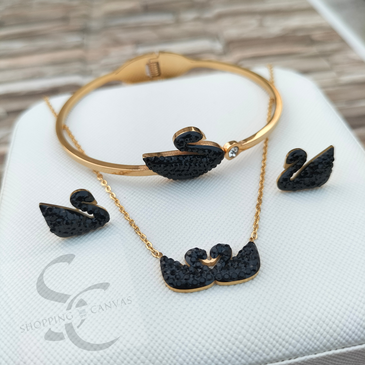 Swarovski Swan Double Duck Necklace, Steel Bracelet with matching stud earrings