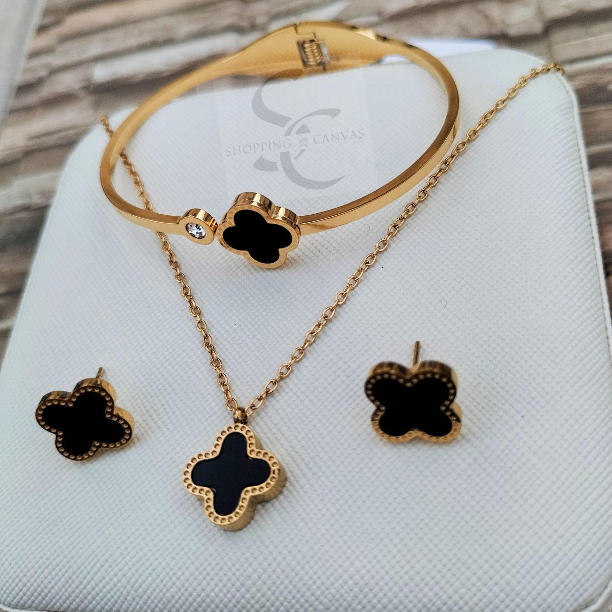 Van Cleef Clover Necklace, Steel Bracelet with matching stud earrings