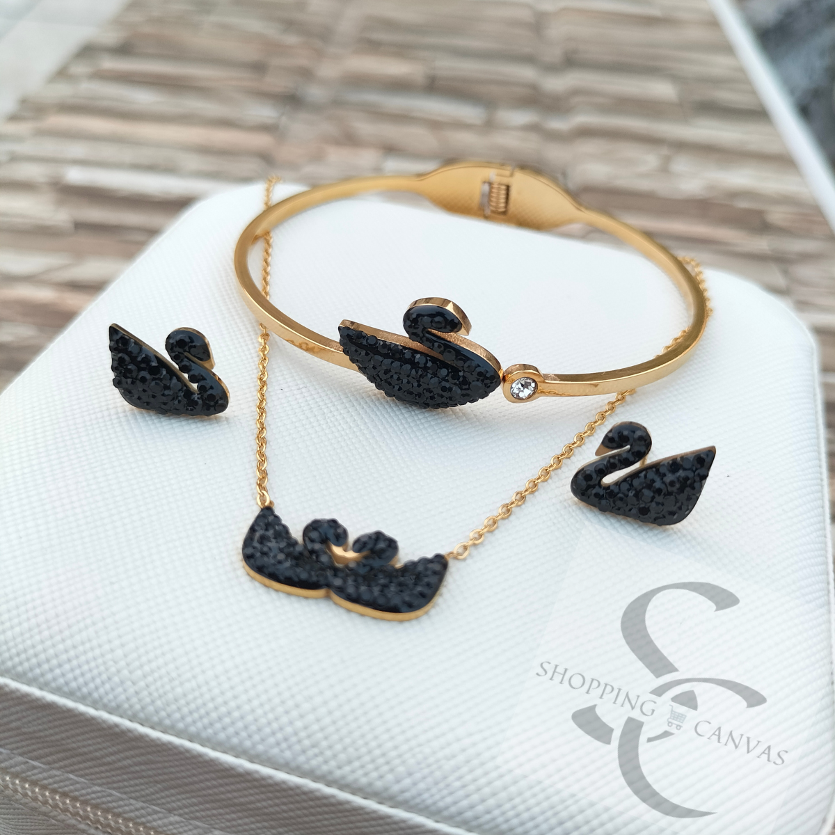 Swarovski Swan Double Duck Necklace, Steel Bracelet with matching stud earrings