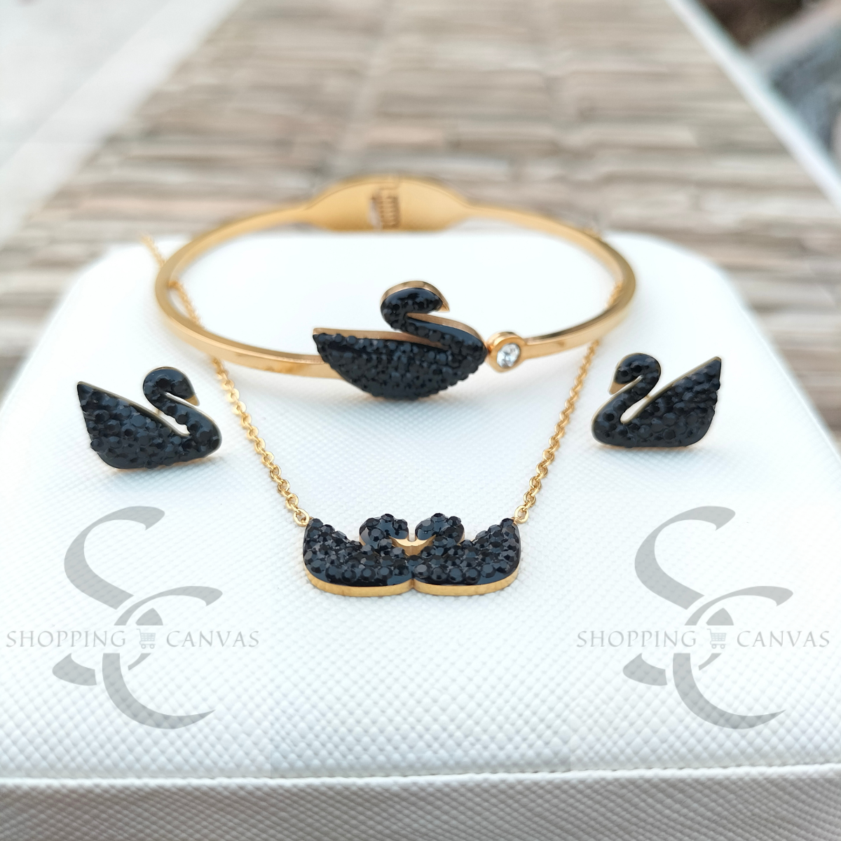Swarovski Swan Double Duck Necklace, Steel Bracelet with matching stud earrings