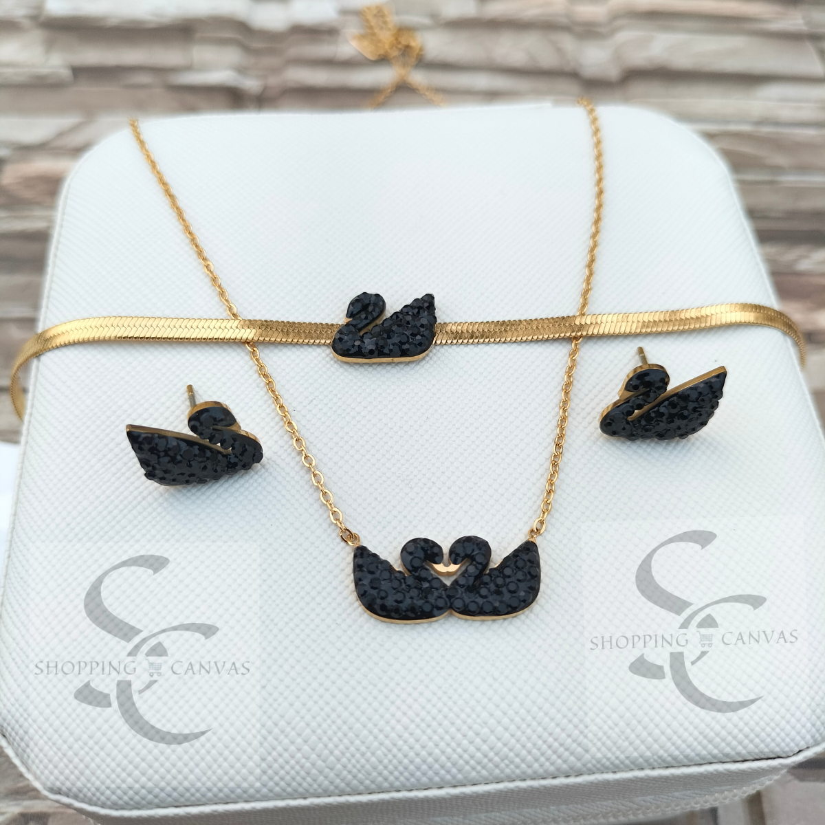 Swarovski Swan Double Duck Necklace , Chain Bracelet with matching stud earrings