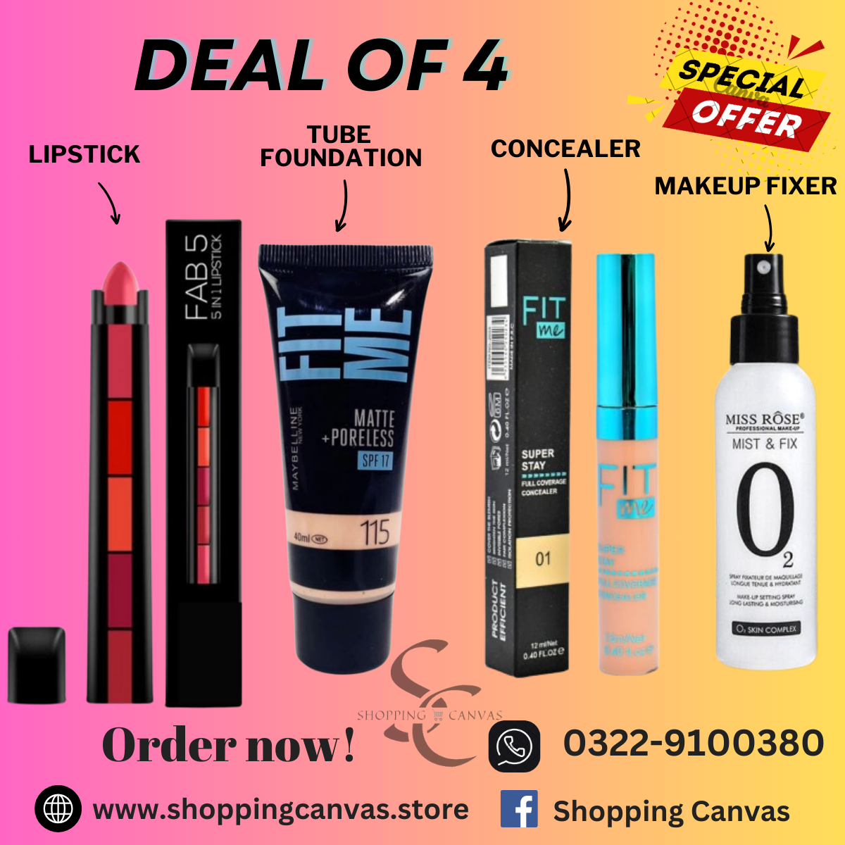Makeup Combo Deal of 4 including 5 in 1 lipstick, Foundation, Concealer & Makeup Fixer