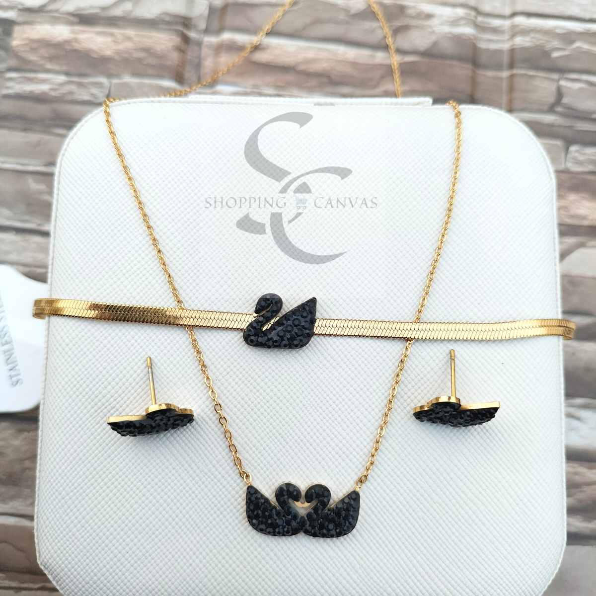Swarovski Swan Double Duck Necklace , Chain Bracelet with matching stud earrings