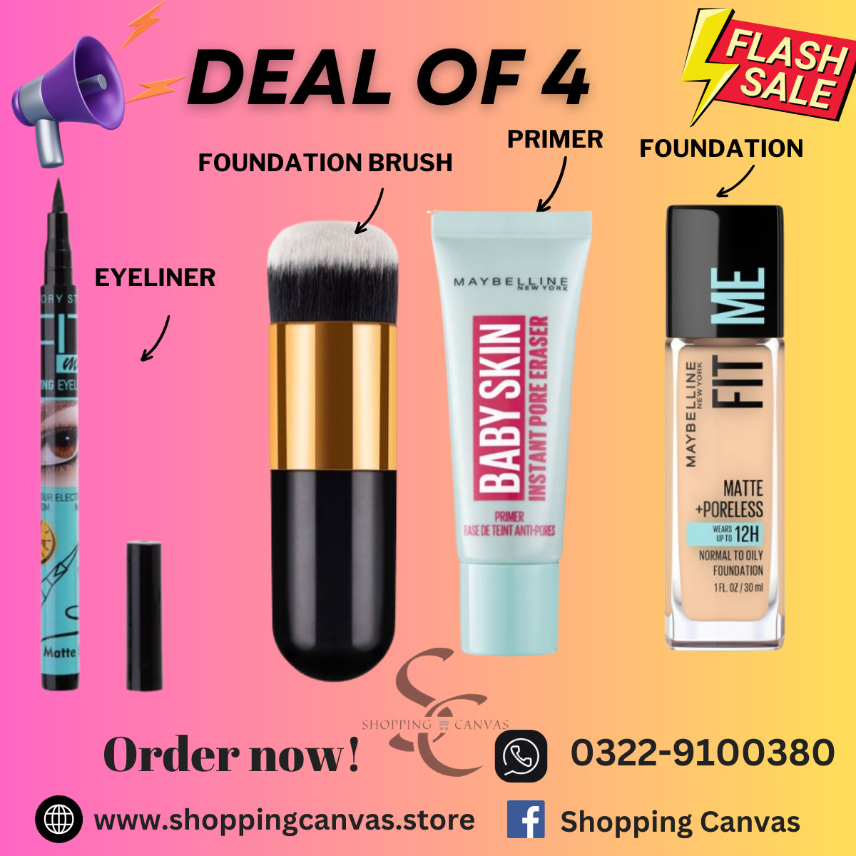 Makeup combo of 4 including Eye liner,Foundation brush, Baby skin primer and Glass Foundation
