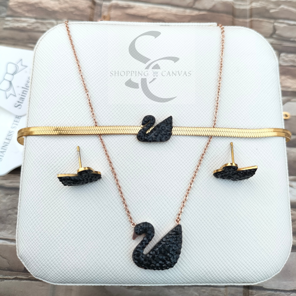 Swarovski Swan Duck Necklace, Chain Bracelet with matching Stud Earrings