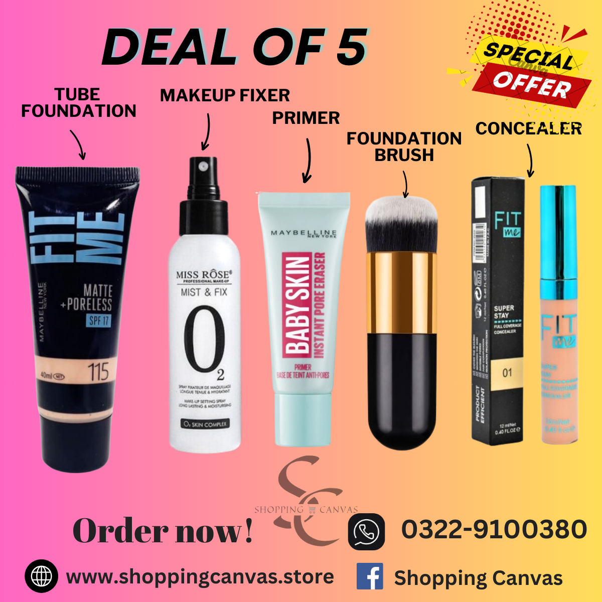 Makeup Combo of 5 includes Tube Foundation, Makeup Fixer, Baby skin Primer, Foundation Brush & Concealer