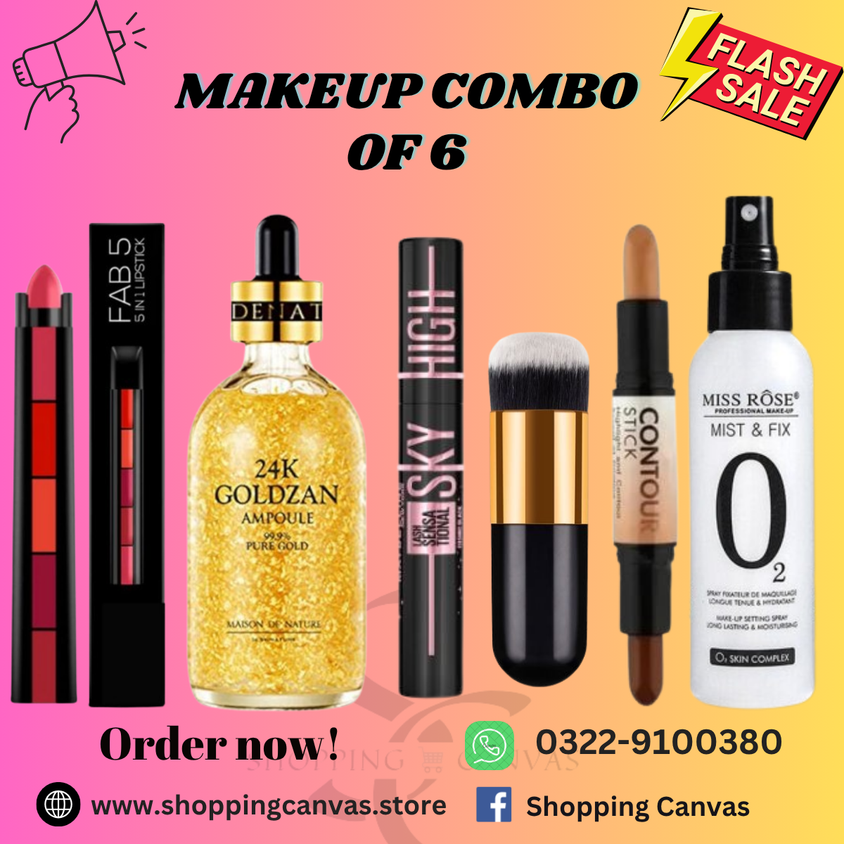 Makeup Combo Deal of 6 including lipstick, 24k Gold serum, Mascara, Foundation brush, Contour Stick & Makeup Fixer