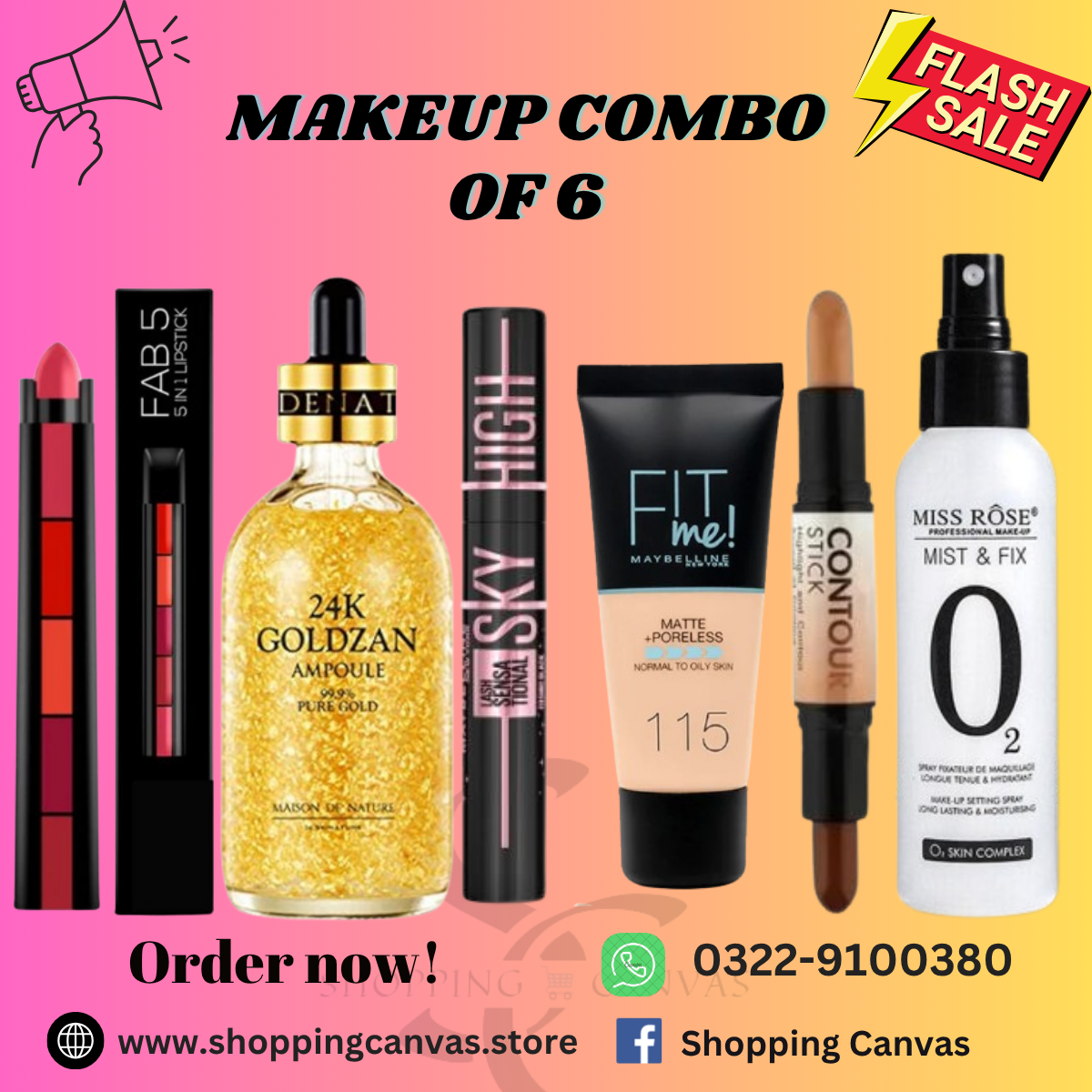 Makeup Combo Deal of 6 including lipstick, 24k Gold serum, Mascara, Tube Foundation, Contour Stick & Makeup Fixer