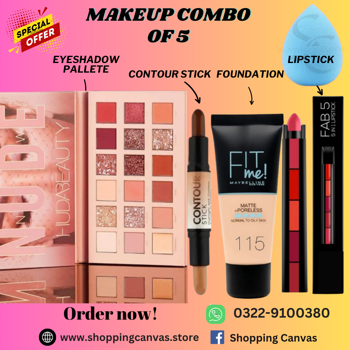 Makeup Combo Deal of 5 including Eyeshadow Pallet, 2 in 1 Contour stick, Tube Foundation, Lipstick & Blender