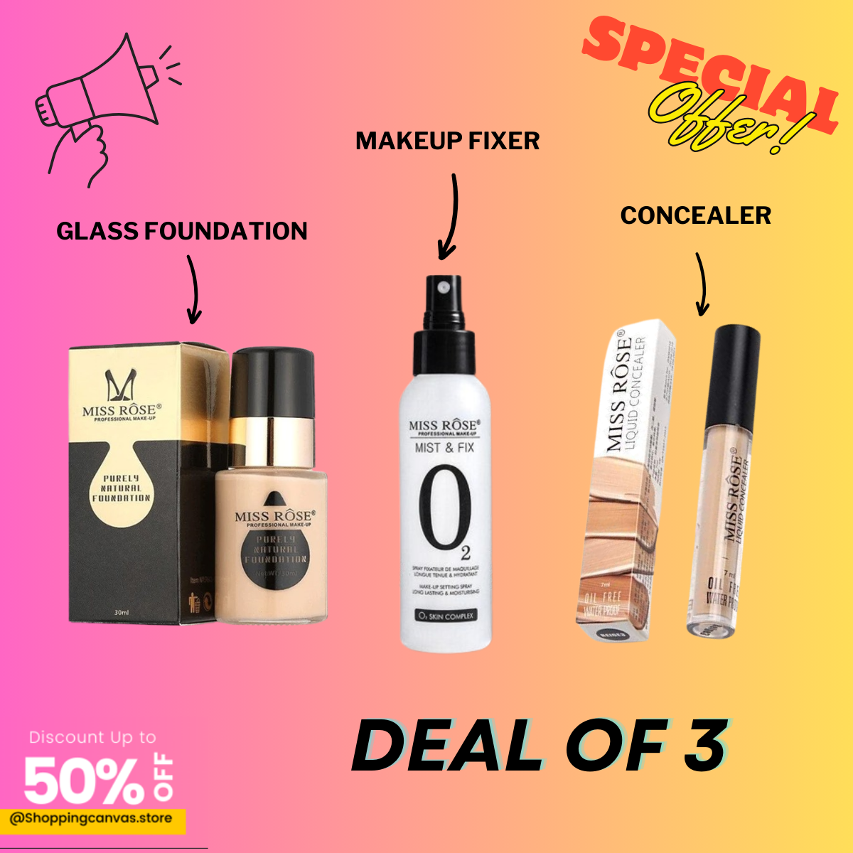 Makeup Combo Deal of 3 Glass Foundation, Makeup Fixer & Concealer