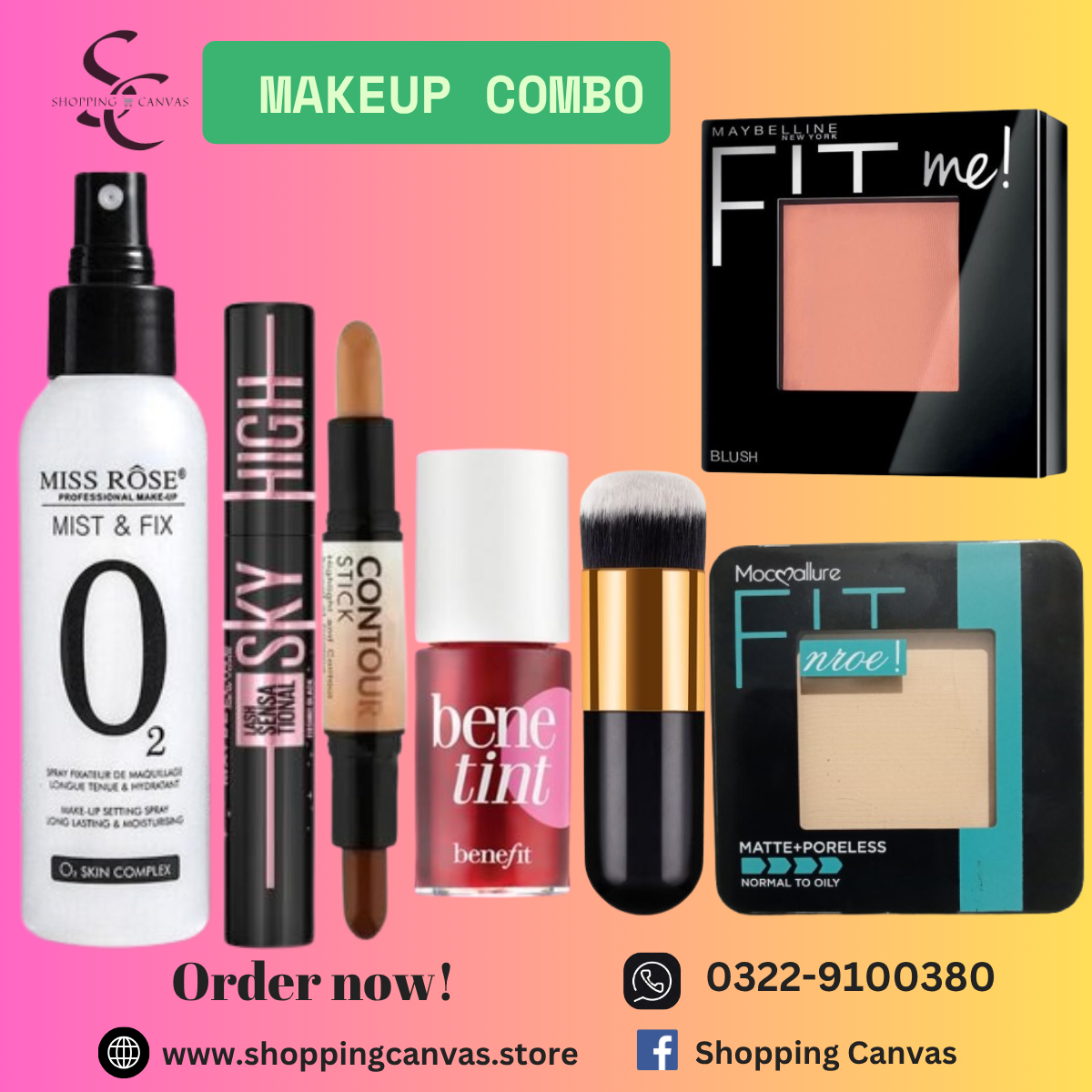 Makeup Combo of 7 including Fixer,Mascara,2 in 1 Contour stick,tint,foundation brush,blush & face powder