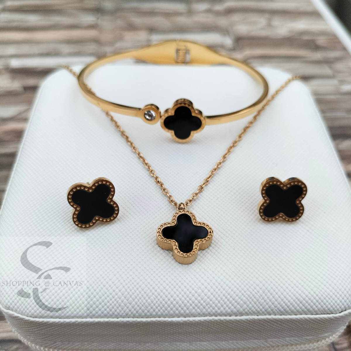 Van Cleef Clover Necklace, Steel Bracelet with matching stud earrings