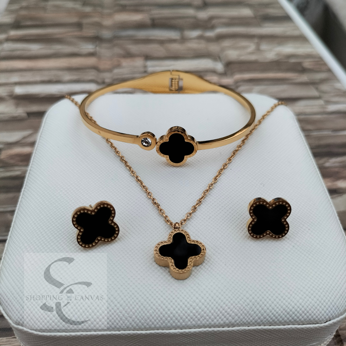 Van Cleef Clover Necklace, Steel Bracelet with matching stud earrings