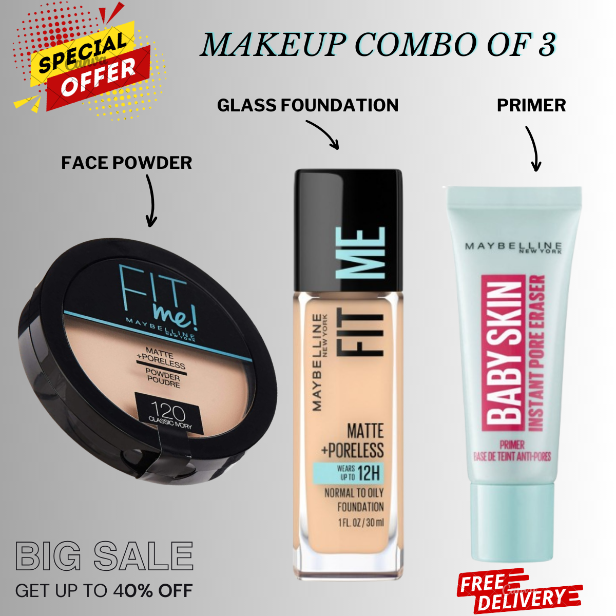 Makeup Combo Deal of 3 Glass Foundation, Primer & Face Powder