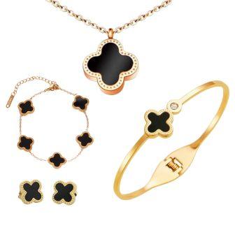Van Cleef Clover Necklace, Chain & Steel Bracelets with Matching Stud Earrings