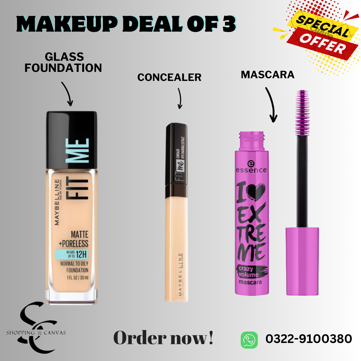 Makeup Combo Deal of 3 Glass Foundation, Concealer & Mascara