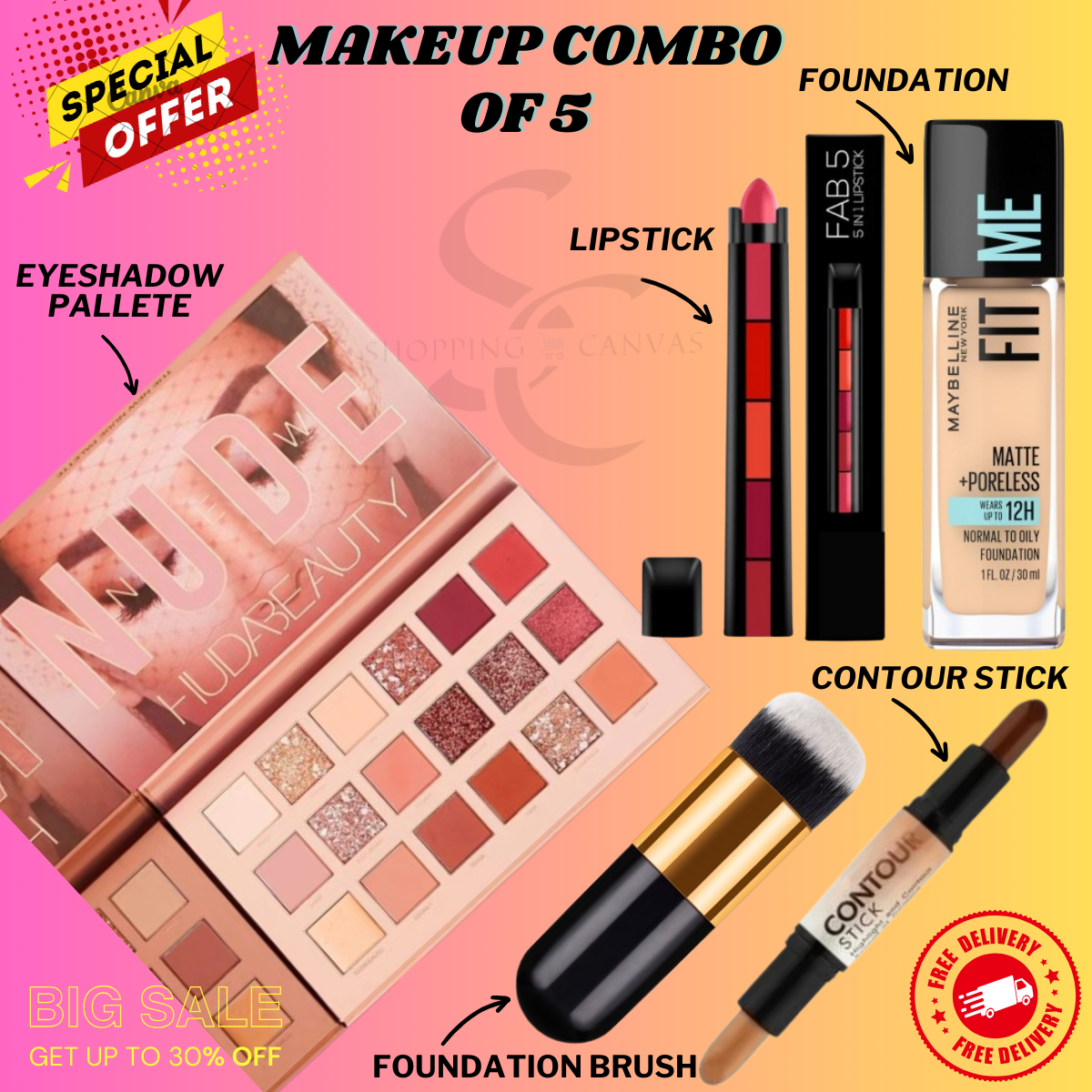 Makeup Combo Deal of 5 Nude eyeshadow pallete, 5 in 1 lipstick, Glass Foundation, Foundation Brush, Contour Stick