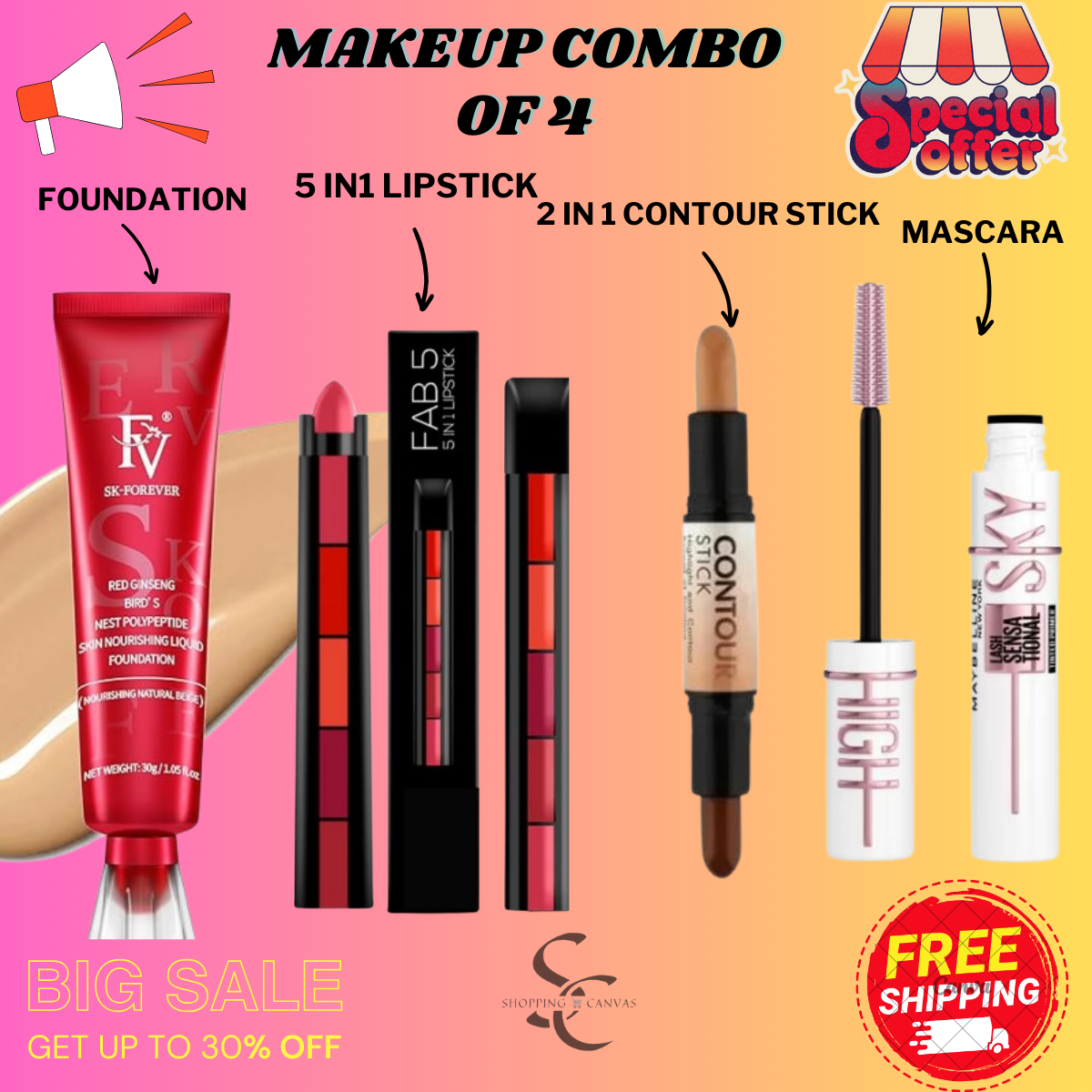 Makeup Combo of 4 including FV Foundation, 5 in 1 lipsticks, 2 in 1 Contour stick, Mascara