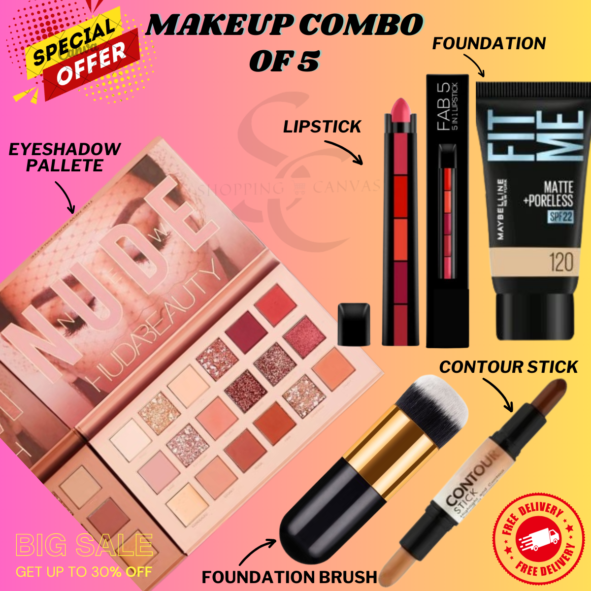 Makeup Combo Deal of 5 Nude eyeshadow pallete, 5 in 1 lipstick, Tube Foundation, Foundation Brush, Contour Stick