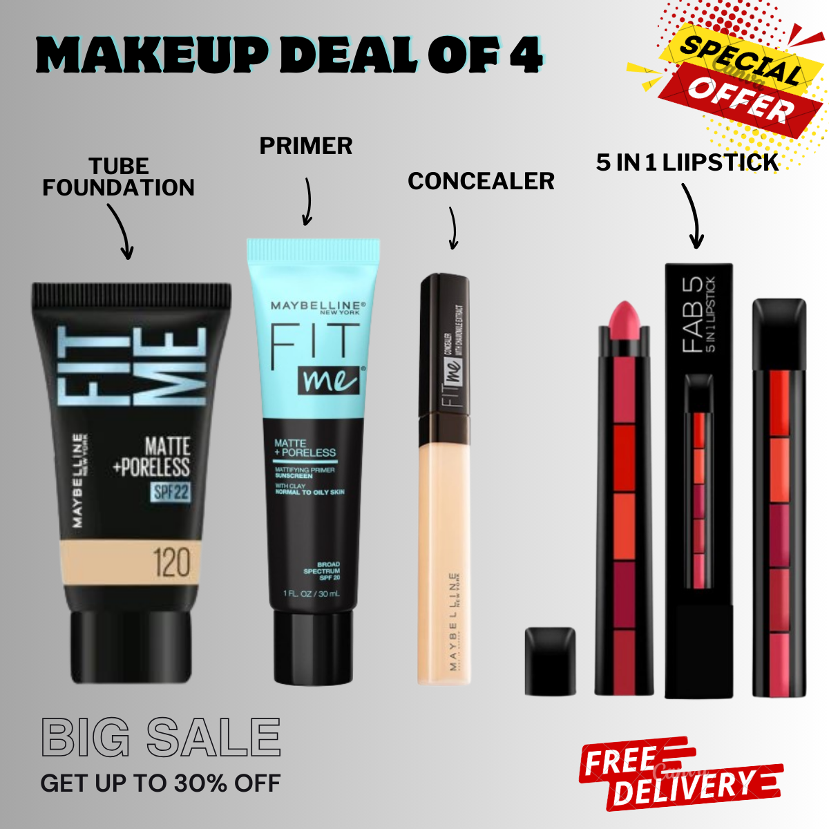 Makeup Combo Deal of 4 Tube Foundation, Primer, Concealer & 5 in 1 lipstick