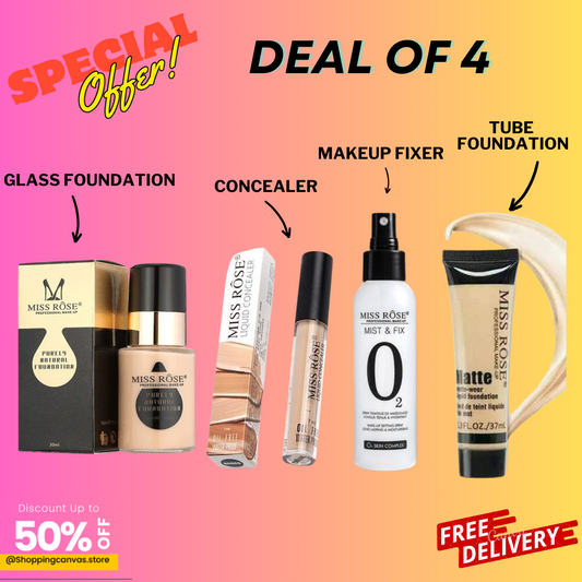 Makeup Combo Deal of 4 Glass Foundation, Concealer, Makeup Fixer & Tube Foundation