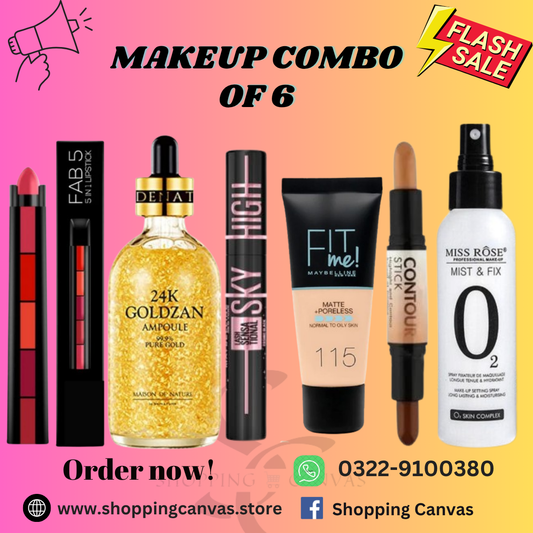 Makeup Combo Deal of 6 including lipstick, 24k Gold serum, Mascara, Tube Foundation, Contour Stick & Makeup Fixer