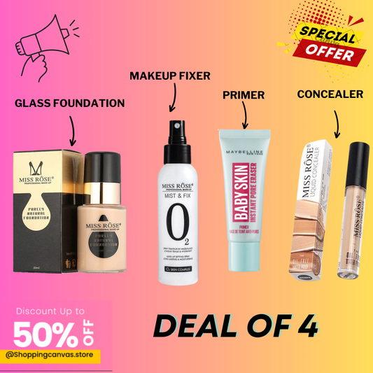 Makeup Combo Deal of 4 Glass Foundation, Makeup Fixer , Primer & Concealer