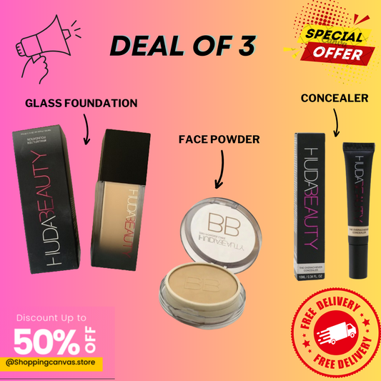 Makeup Combo Deal of 3 Glass Foundation, Face Powder & Concealer