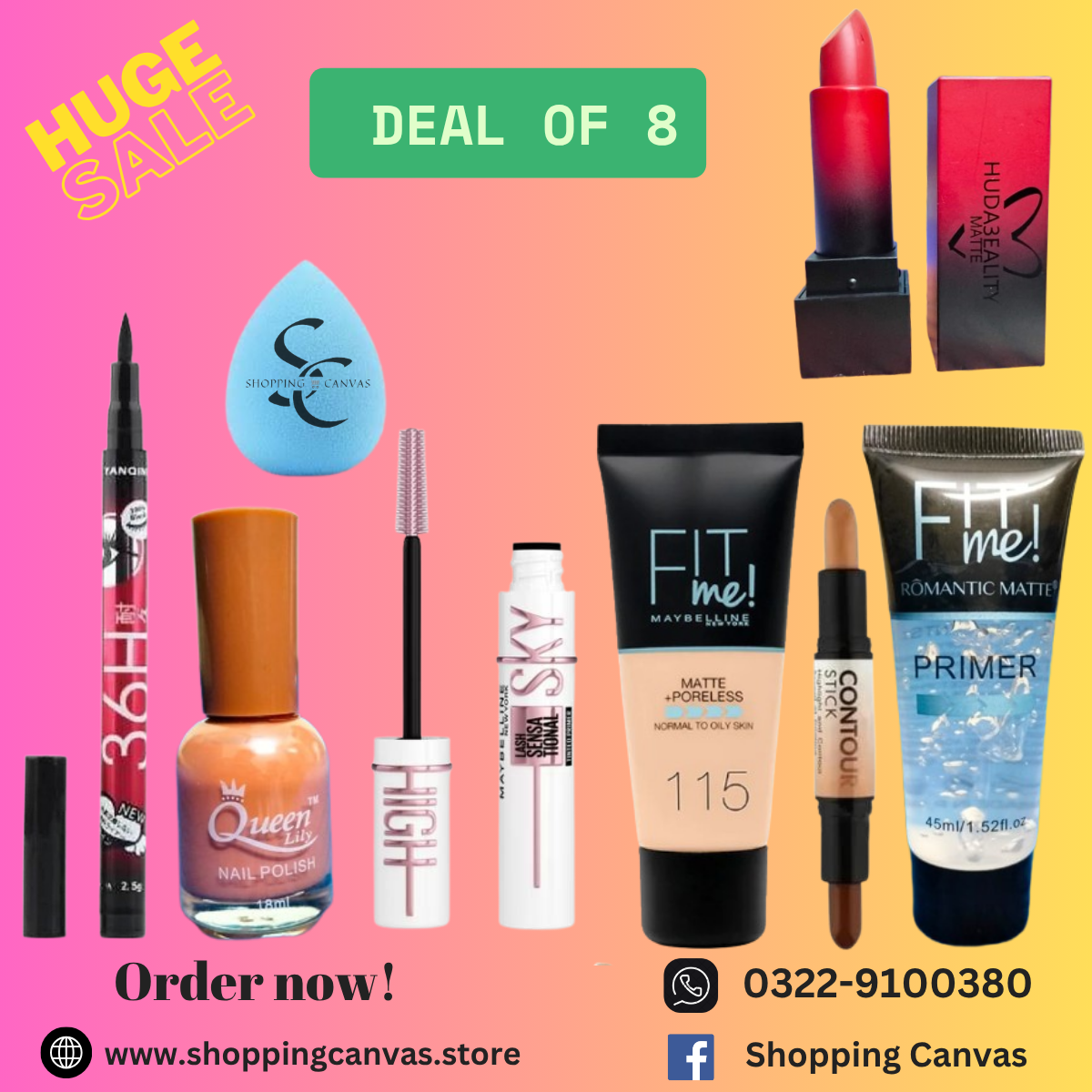 Makeup Combo of 8 | 36H Eyeliner, Blender, Nail Polish , Mascara, Tube Foundation, Contour Stick,  Primer & Huda Beauty Lipstick – Full Beauty Kit