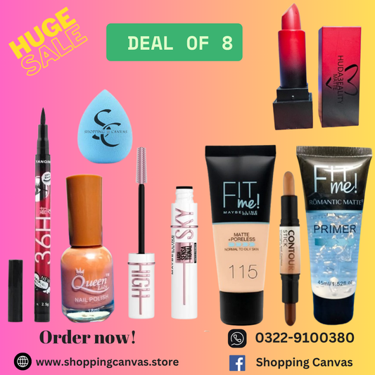 Makeup Combo of 8 | 36H Eyeliner, Blender, Nail Polish , Mascara, Tube Foundation, Contour Stick,  Primer & Huda Beauty Lipstick – Full Beauty Kit
