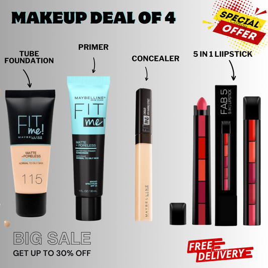 Makeup Combo Deal of 4 Tube Foundation, Primer, Concealer & 5 in 1 lipstick