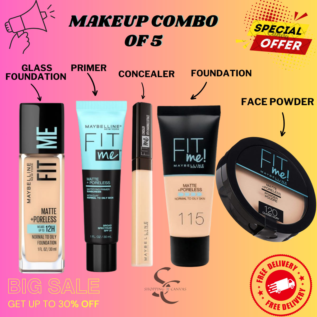 Makeup Combo of 5 Glass Foundation,Primer,Concealer,Tube Foundation & Face Powder