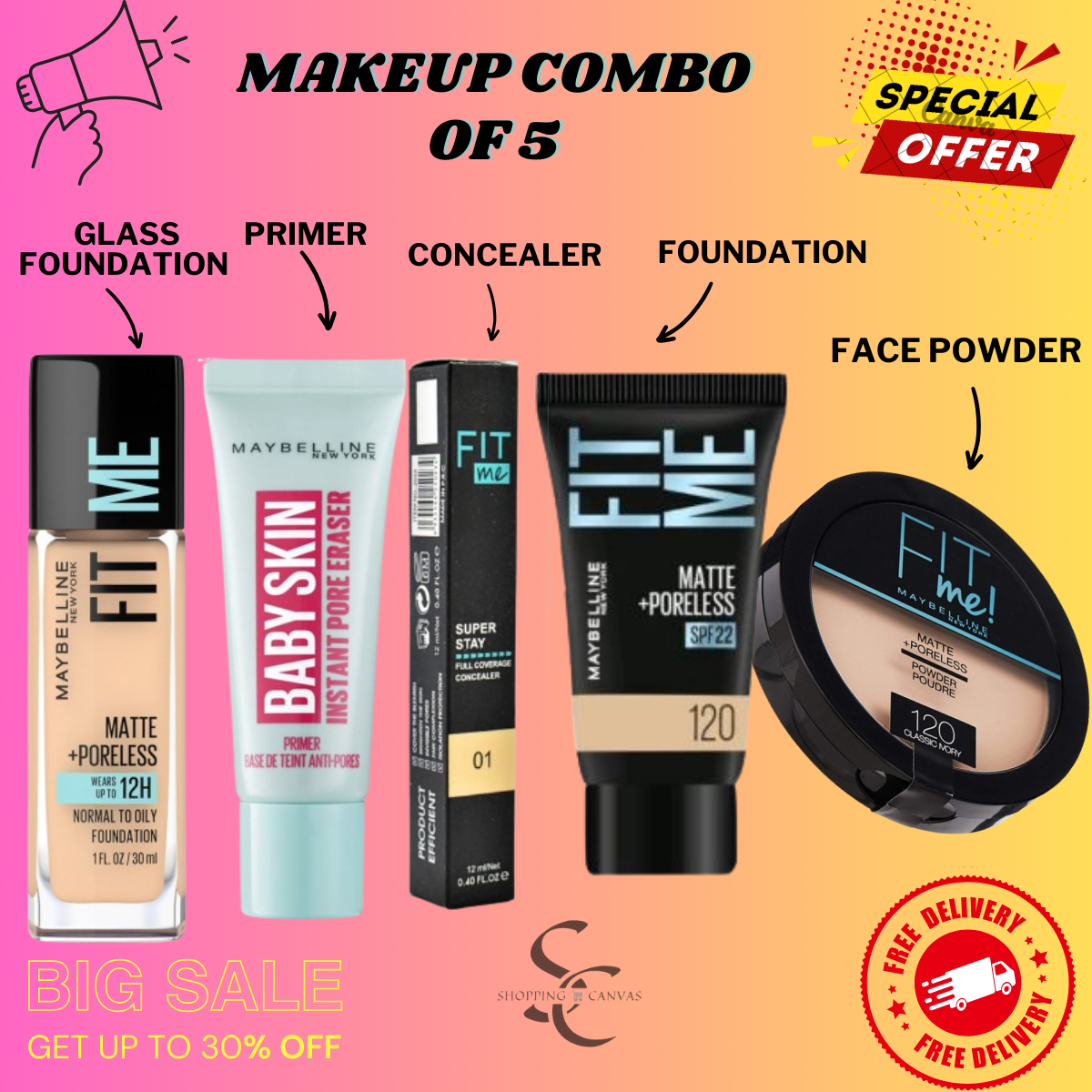 Makeup Combo of 5 Glass Foundation,Primer,Concealer,Tube Foundation & Face Powder