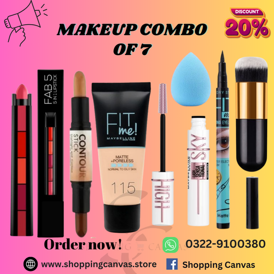 Makeup Combo of 7  Lipstick, Contour Stick, Tube Foundation, Mascara, Beauty blender,,Eyeliner & Foundation Brush