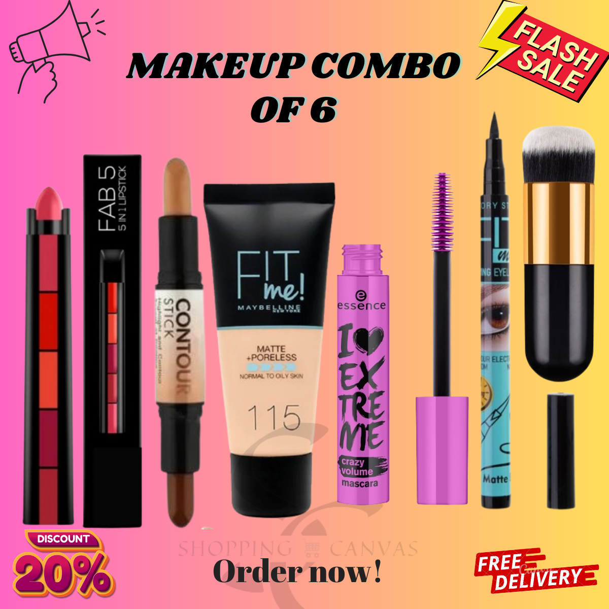 Makeup Combo Deal of 6 Lipstick, Contour Stick, Tube Foundation, Mascara, Eyeliner & Foundation Brush